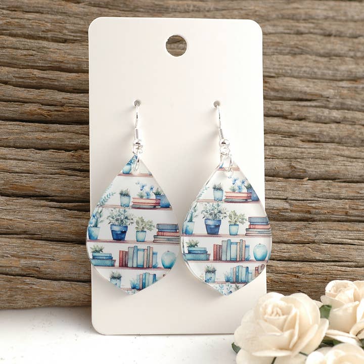 Bookcase Earrings Post Dangle book Teardrop clear Acrylic for wholesale by Rocky Mountain Shops