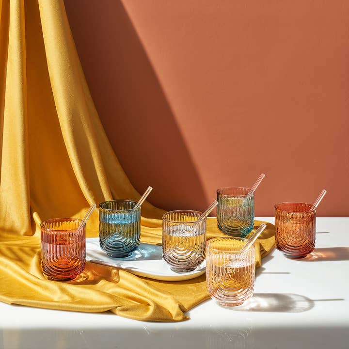 The Wine Savant / Khen Glassware - Wholesale Cocktail/Liquor Glass - Vintage Art Deco Tumbler Glasses with Straw | Set of 6 9.6OZ