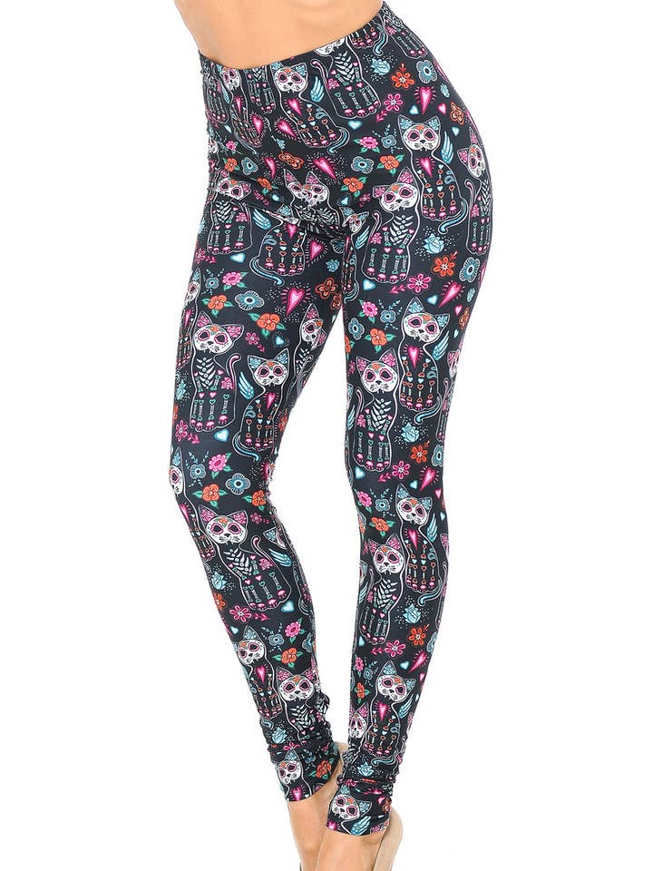 Creamy Soft Sugar Skull Kitty Cats Leggings by USA Fashion™ for wholesale by USA Fashion