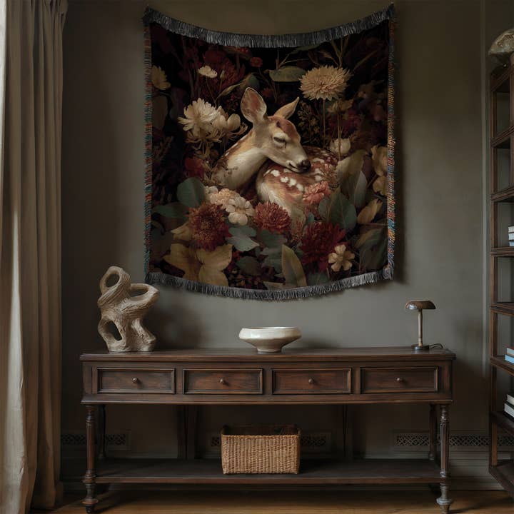 CasaIuliia - Wholesale Throw Blanket - Sleeping Deer Woven Blanket, Gothic Botanical Jacquard Throw4