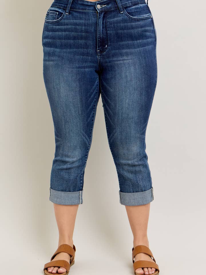 Mid Rise Dark Wash Cuffed Capri - PLUS for wholesale by Judy Blue Jeans