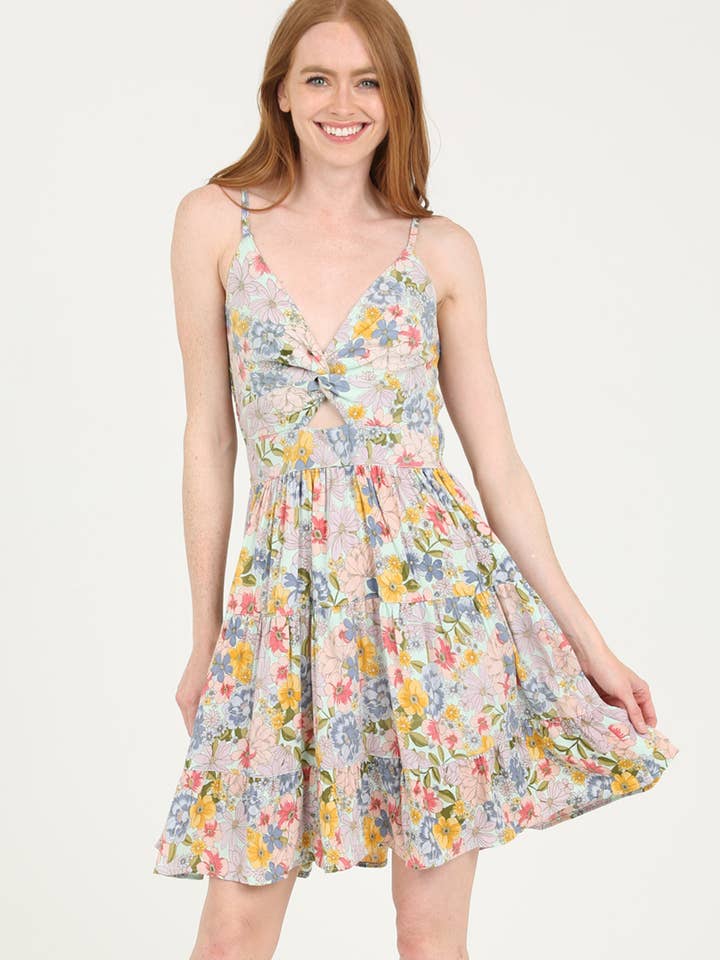 C4143-A855 V NECK TWIST FRONT CUTOUT FLORAL PRINT SUNDRESS for wholesale by ANGIE