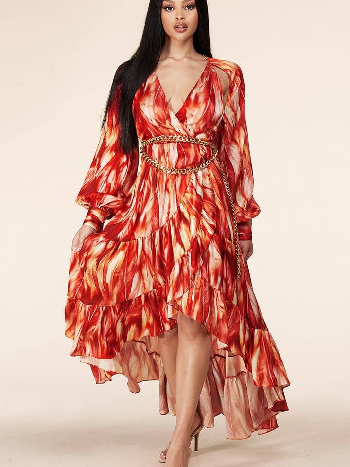 Fire Print Long Sleeve Maxi Dress for wholesale by The Steven Wick Company