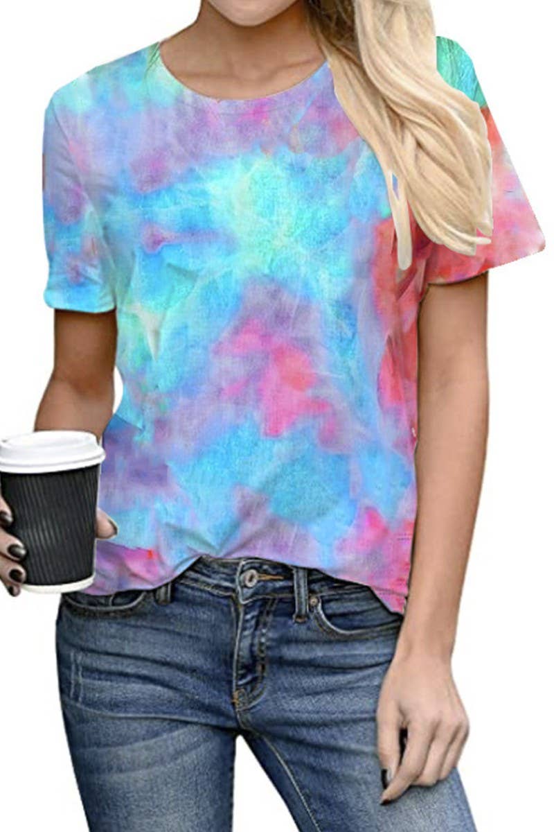 Suzie Q USA – wholesale T-shirt – women's – Tie-dye Printing Round Neck Short Sleeved T-Shirt0