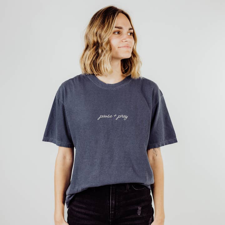 Scripted Pearl - Wholesale T-Shirt - Women's - Pause and Pray Embroidered Comfort Colors Tee, Christian Tee4
