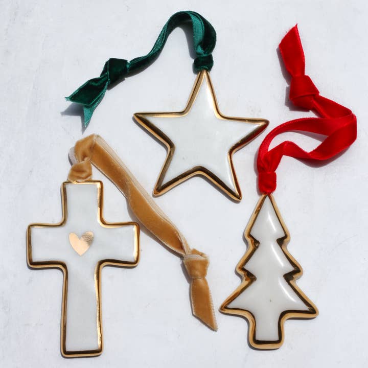 Apricity Ceramics - Wholesale Ornament - Cross Ornament with Gold Heart | Handmade