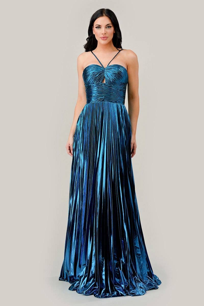 Tux-USA® - Wholesale Gown - Women's - Halter Pleated Lame' Metallic A-Line Gown8