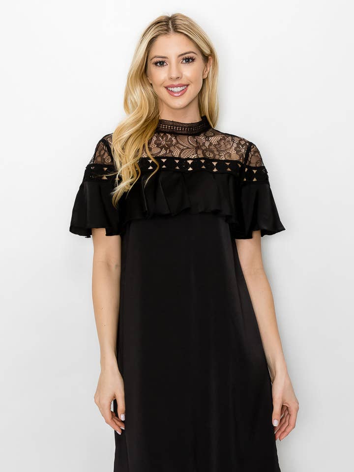 EPO-DR7033 Lace Mock Neck Ruffle Trim Dress for wholesale by ePretty