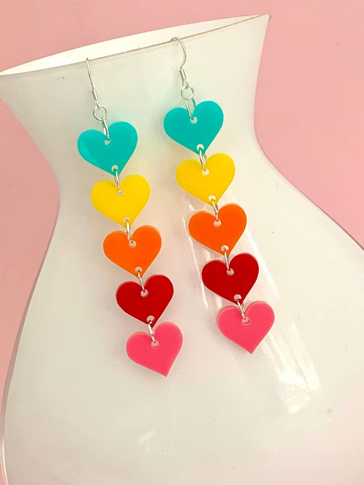Colourful Rainbow Heart Earrings for wholesale by Birdie Bananas