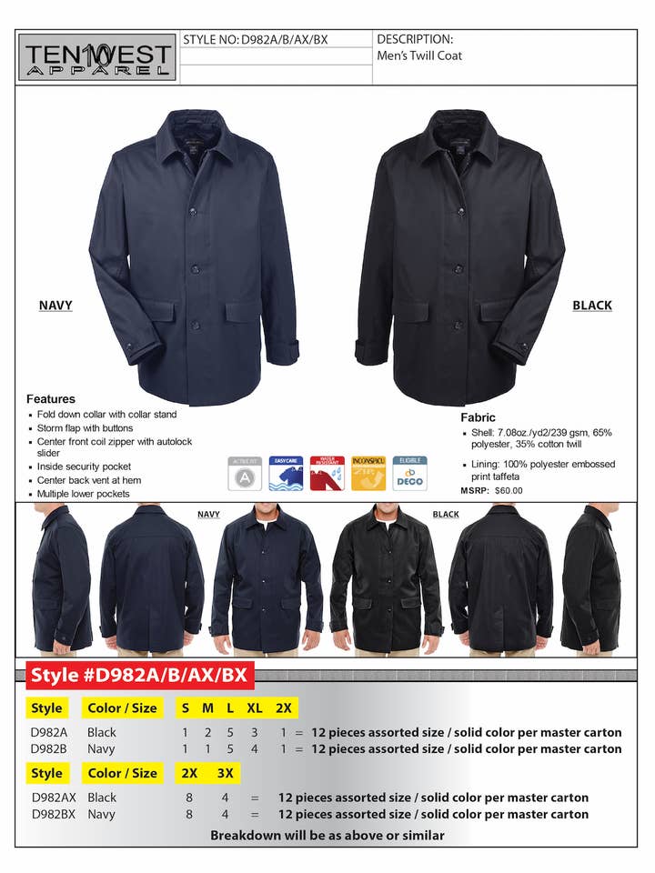 Manteau en twill noir pour homme Big pour la vente par Ten West Apparel