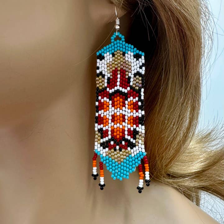 BEADS CORNER - Wholesale Dangle Earrings - Handmade Beaded Seed Bead Turtle Pattern Earrings in Red Cyan Blue, Lightweight1