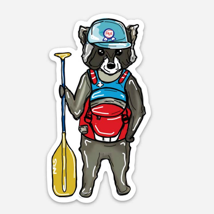 Paddleboarding Raccoon Sticker for wholesale by Heartwood Collective