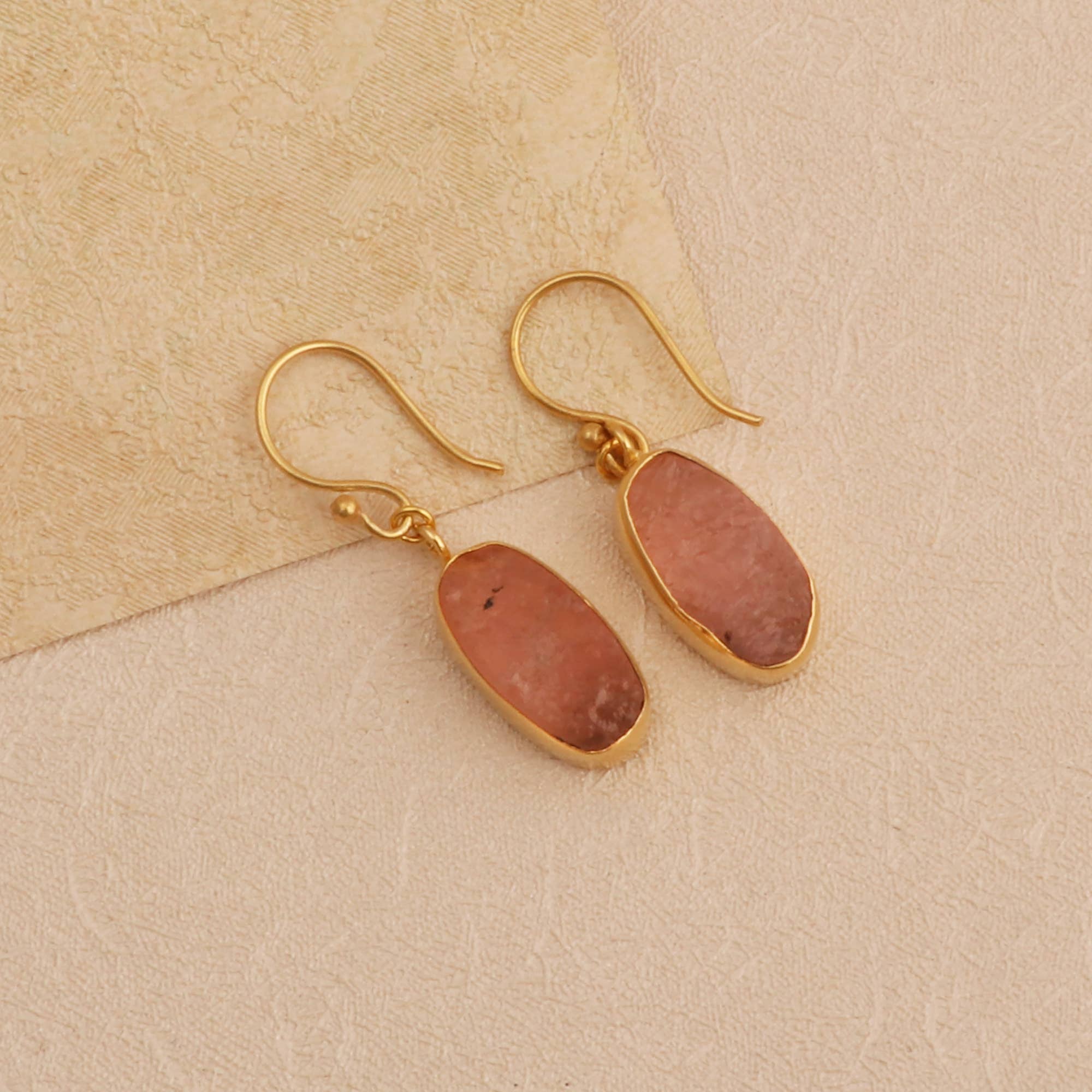 El Joyero - Wholesale Dangle Earrings - Raw Rose Quartz Dangle Earrings in Gold Plated Brass Jewelry2
