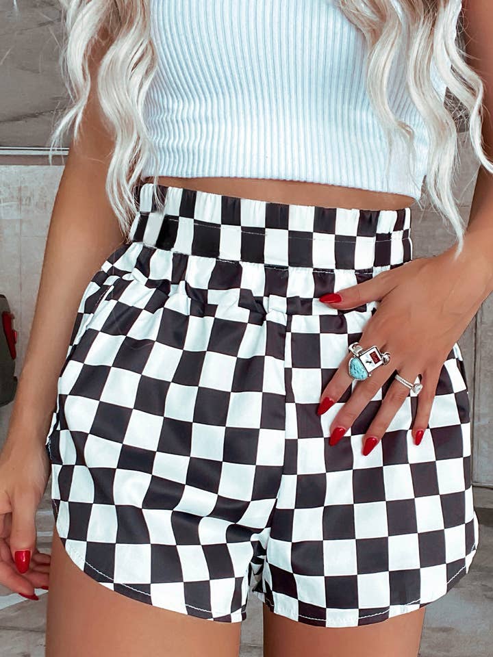 Black Checkered Print High Waist Casual Shorts for wholesale on Faire