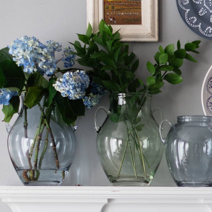 etúHOME - Wholesale Vase - Denim Blue Glass Amphora Flower Vase with Handles, Medium