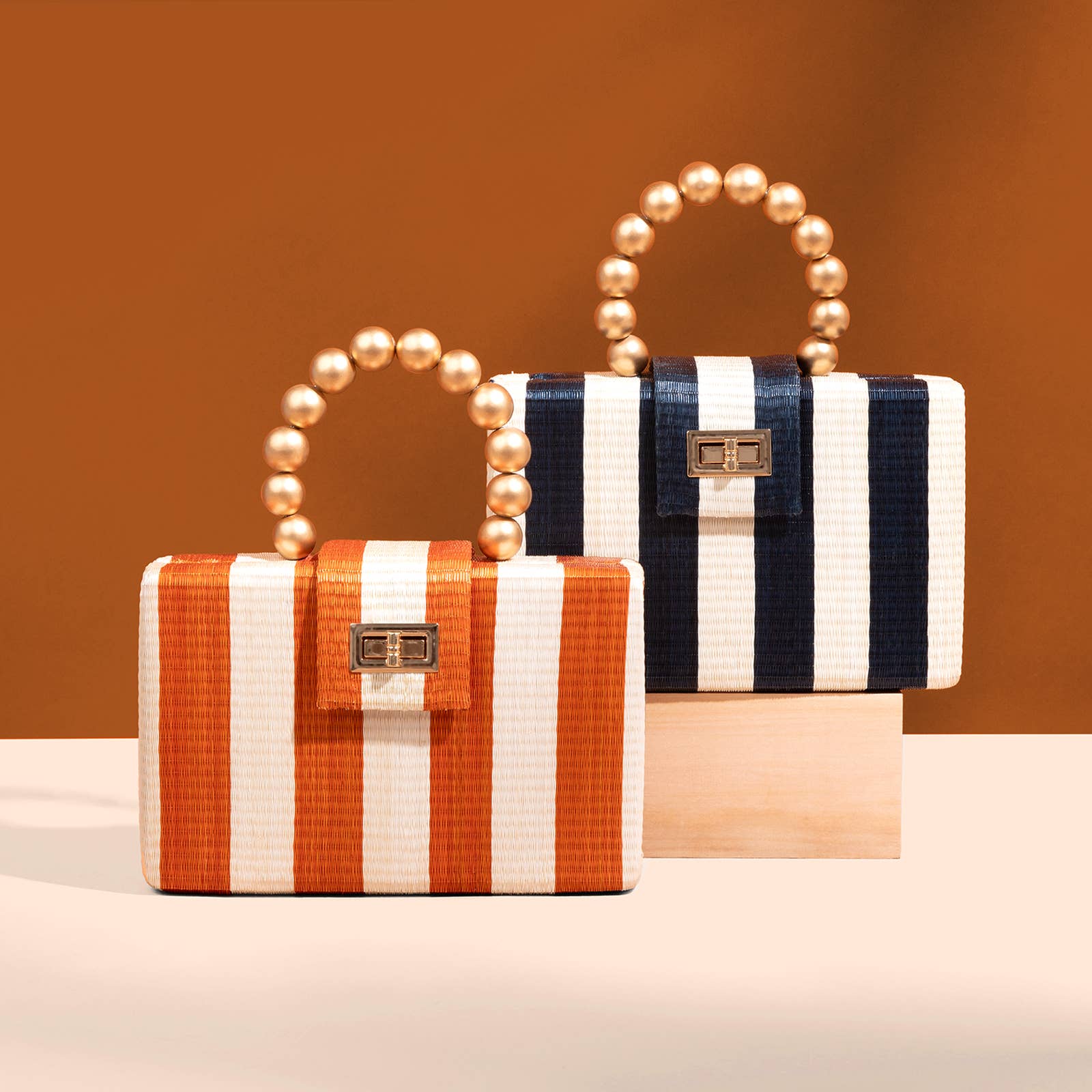Soli & Sun - Wholesale Clutch Bag - Women's - Orange Stripe Clutch Bag | Gold Bead Handle | Artisanal Luxe1