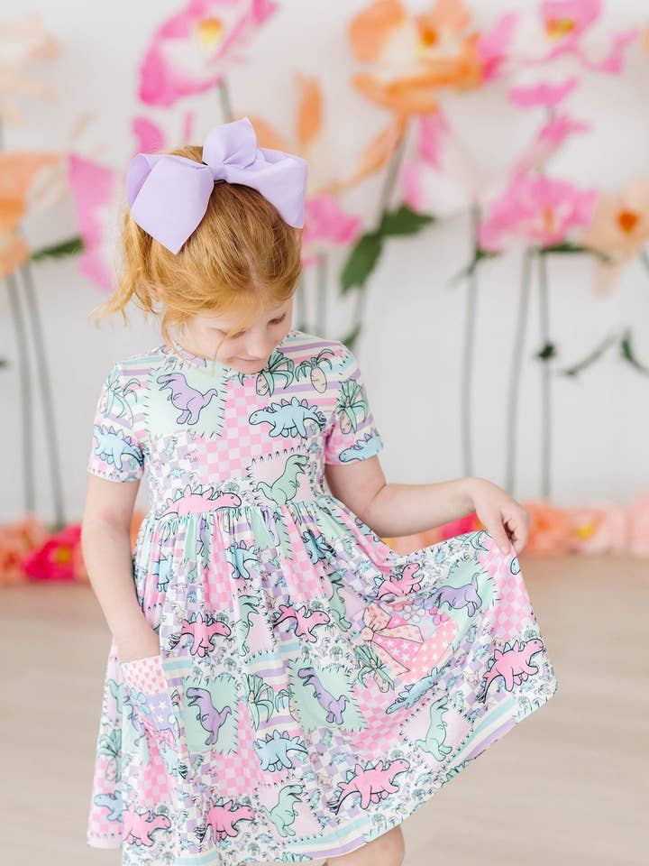 Quilted Dinos S/S Pocket Twirl Dress for wholesale by Mila & Rose