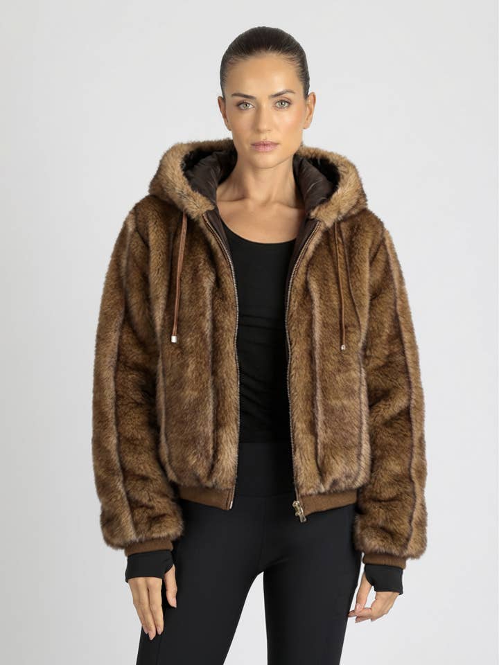 F26 Tawny Reversible Quilted Faux Fur Hoodie for wholesale by Blanc Noir