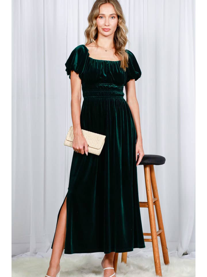 Vine & Love - Wholesale Dress - Women's - Square Neck Puff Sleeve Smocked Velvet Maxi Dress VD82053