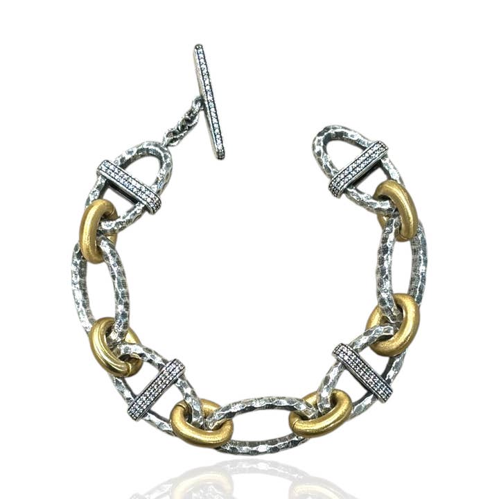 Vintage Silver Two-Tone Pavé Ravelle Hammered Chain Bracelet for wholesale by TAT2 DESIGNS