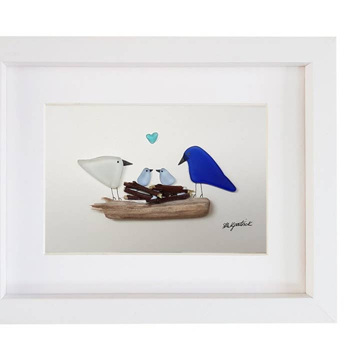 Nesting Bird Family Sea Glass & Driftwood Wall Art Picture for wholesale by UrchinArtworks