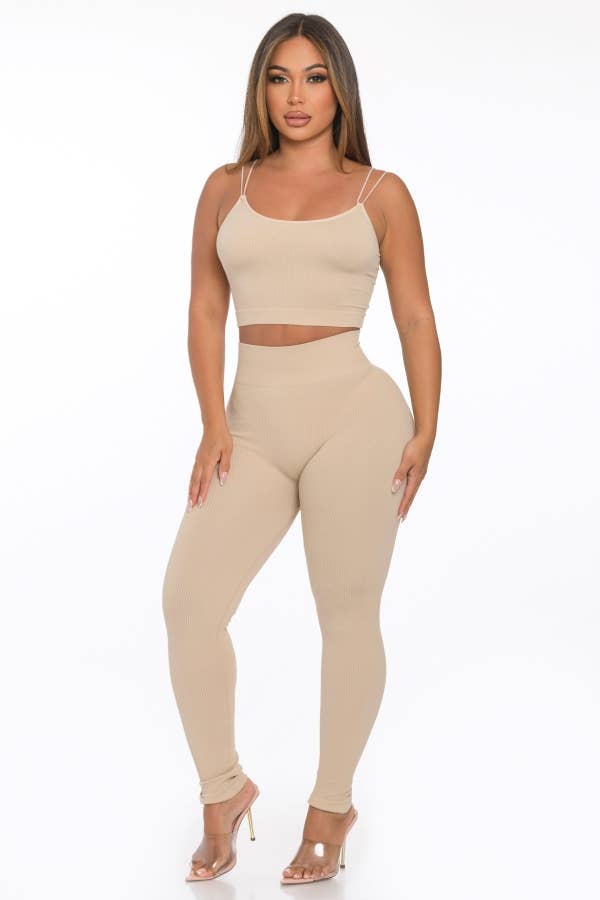 Lime All the Time - Wholesale Lounge Set - Women's - 2 Pcs Seamless Double Spaghetti Strap Top and Legging Set7