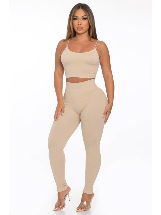 Lime All the Time - Wholesale Lounge Set - Women's - 2 Pcs Seamless Double Spaghetti Strap Top and Legging Set7