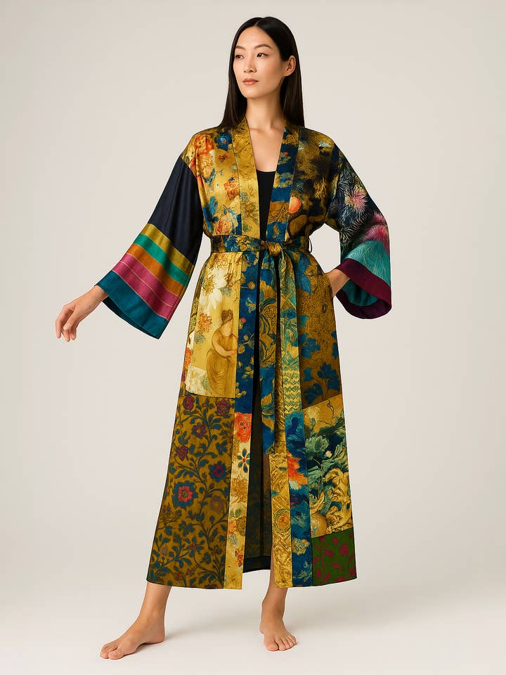 Beige & Co Thai Crafts - Wholesale Kimono – Women's - Upcycled Silk Scarf Patchwork Kimono – One-of-a-Kind Robe