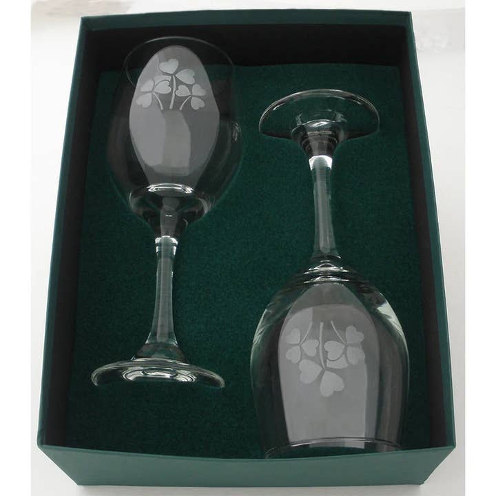 Dublin Gift Company - Wholesale Wine Glass - Etched Shamrock Stemmed Goblets - Set of 2 (13 oz)