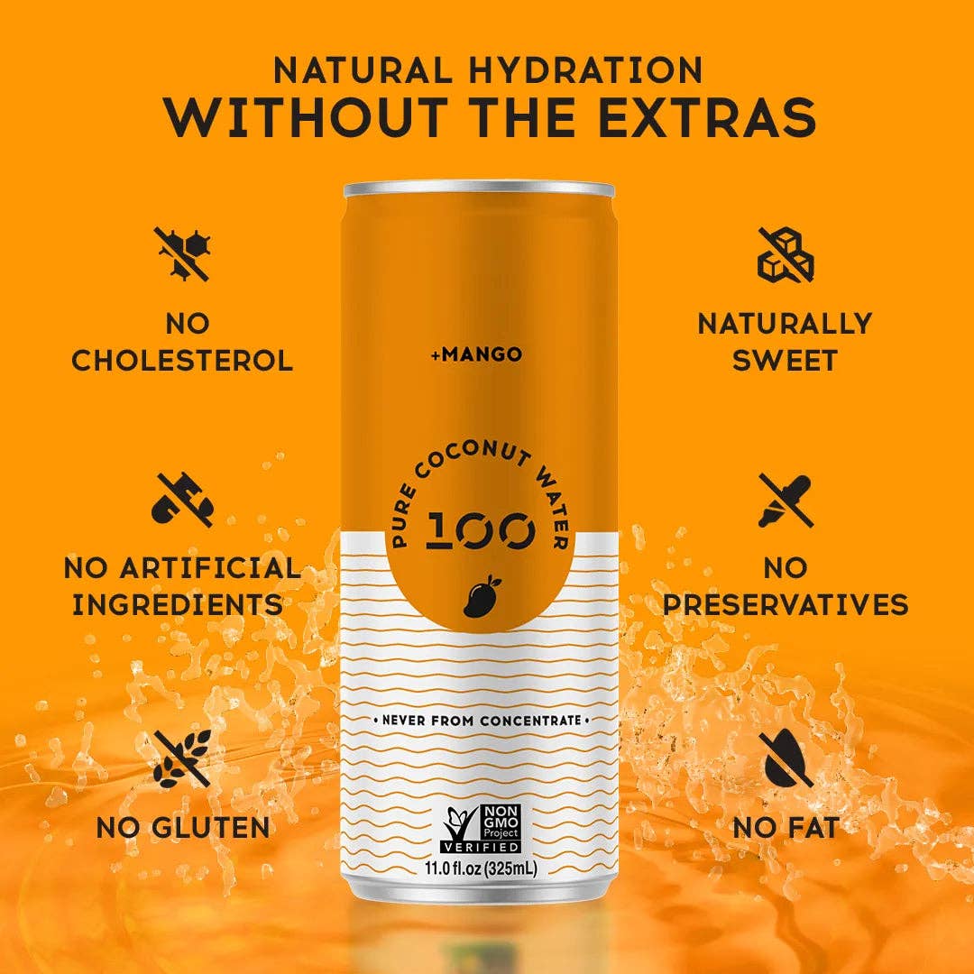 100 Coconuts - Wholesale Wellness Juice/Tonic - PURE COCONUT WATER + MANGO - 12 Pack  4