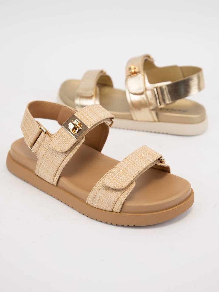 NATURAL RAFFIA COBBER TRENDY GOLDEN BUCKLE STRAP SPORT SANDAL for wholesale on Faire