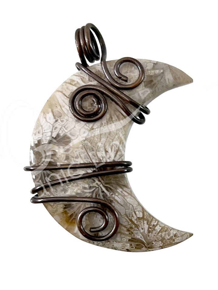 (PC)PENDANT - MOON WIRE WRAP FOSSIL CORAL 1.25-1.5" for wholesale by Oceanic Linkways Inc