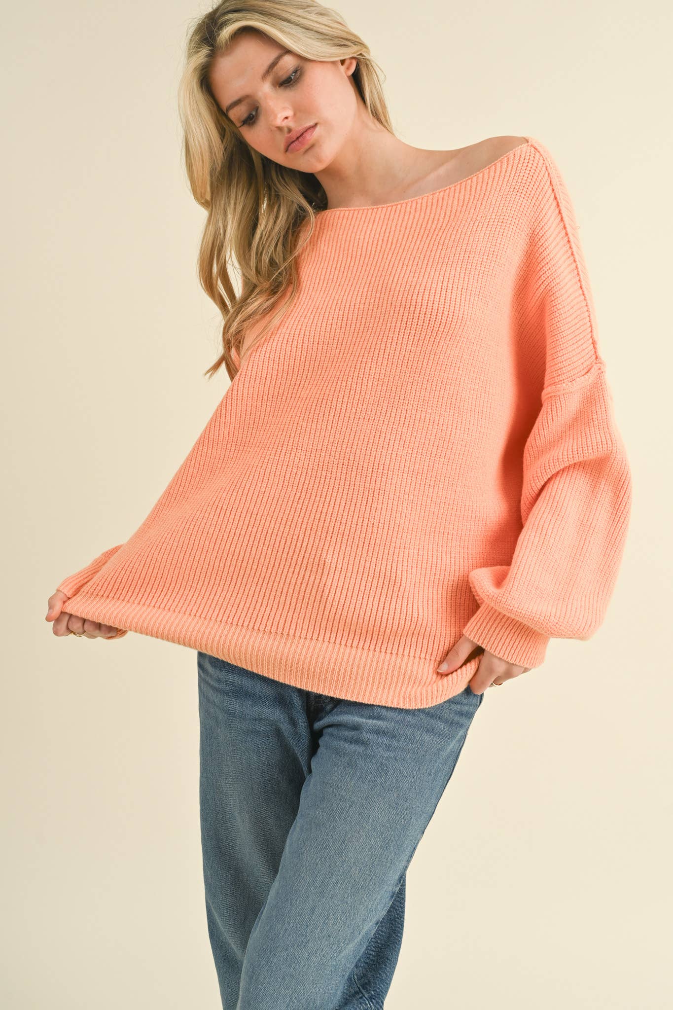 &MERCI - Wholesale Knit Sweater - Women's - BOAT NECK BUBBLE SLEEVE SWEATER MSW814728