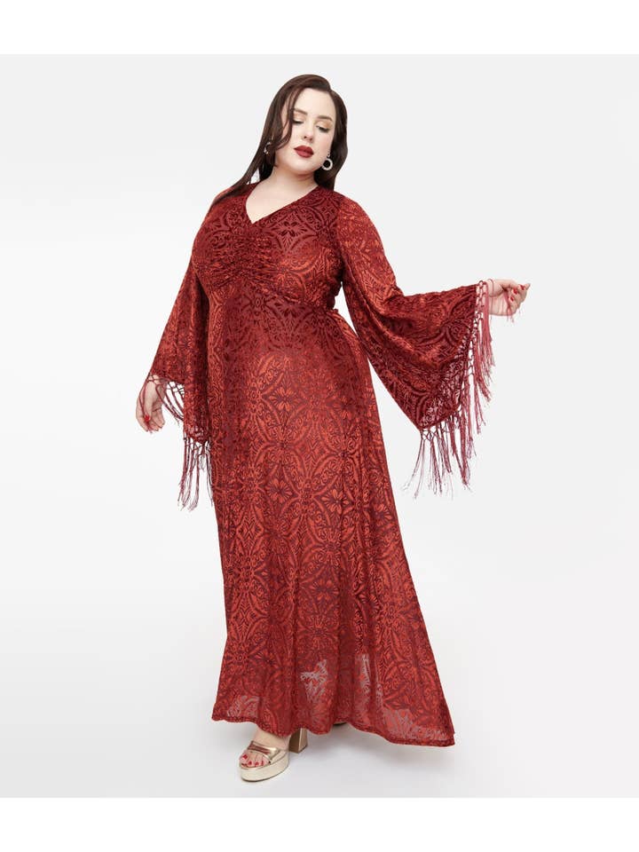 Unique Vintage - Wholesale Dress - Women's - Smak Parlour Plus Size 1970s Burgundy Velvet Burnout Fringe Sleeve Maxi Dress