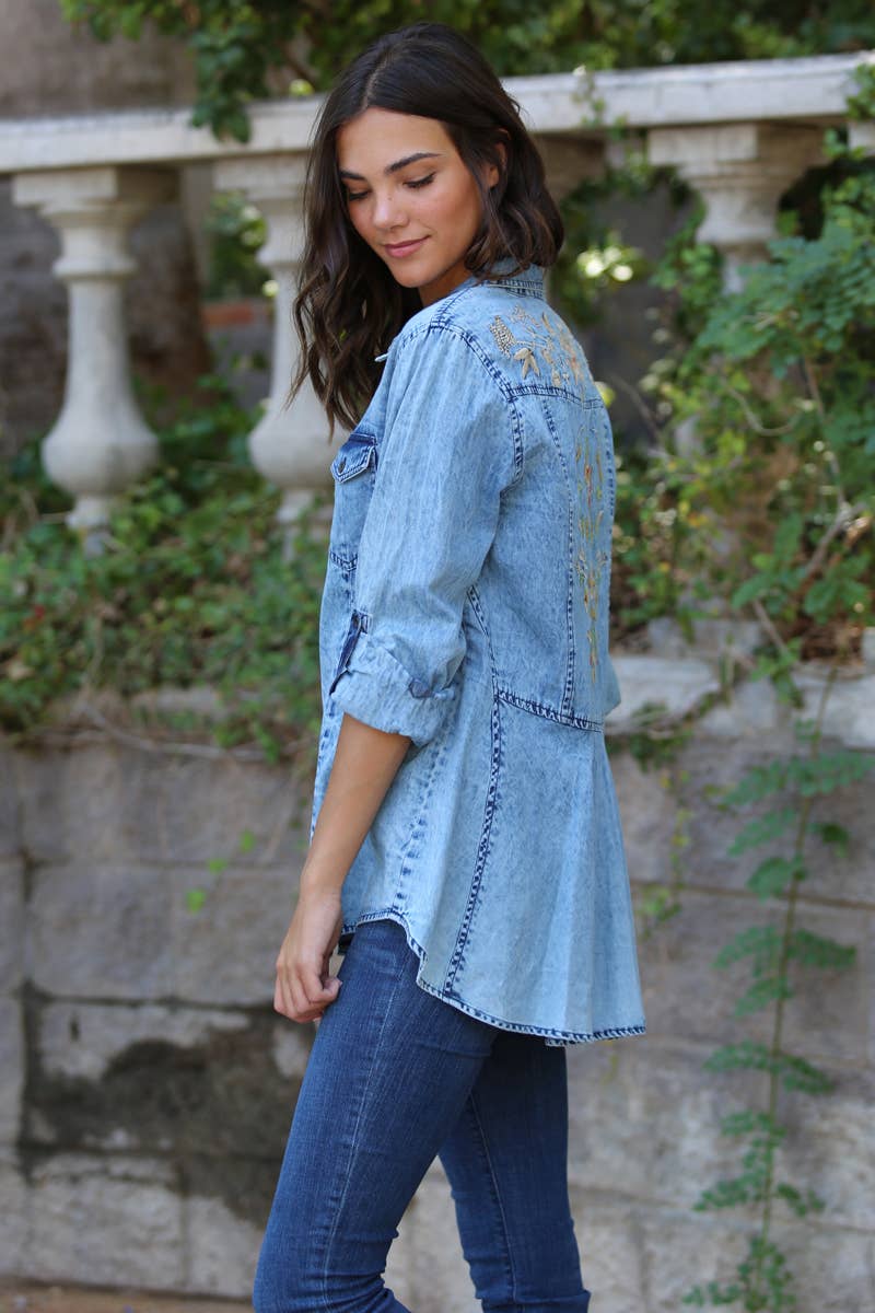 Nostalgia - Wholesale Button Down Shirt - Women's - N2N75-EMB DENIM BUTTON UP SHIRT WITH EMBROIDERED BACK DETAIL14