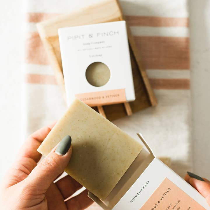 Pipit & Finch - Wholesale Bar Soap - Cedarwood + Vetiver Olive Oil Soap with Rosemary Powder