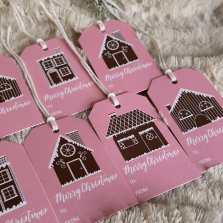 Pink Christmas Gift Tags with Gingerbread Houses. Set of 8. for wholesale by ECLetters