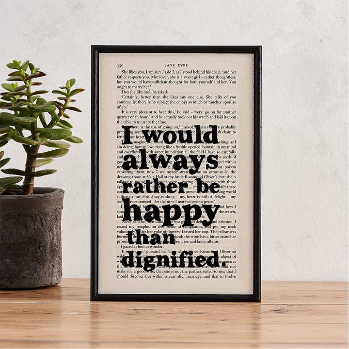 Jane Eyre 'Happy Than Dignified' Framed Book Page for wholesale by Bookishly (No US Import Fees)