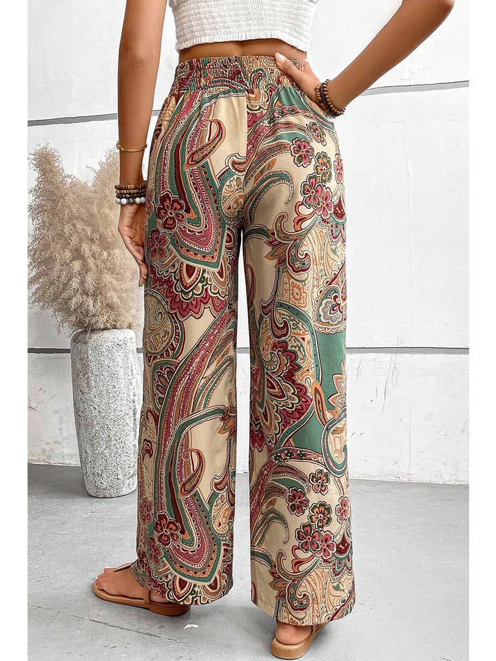 1 the Woman - Wholesale Pants - Women's - Paisley Print Boho Elastic Waist Wide Leg Pants2