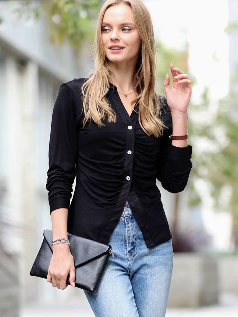 IVORY  '...._ STRETCHY BUTTON DOWN SHIRT WITH RUCHED DETAIL for wholesale on Faire2