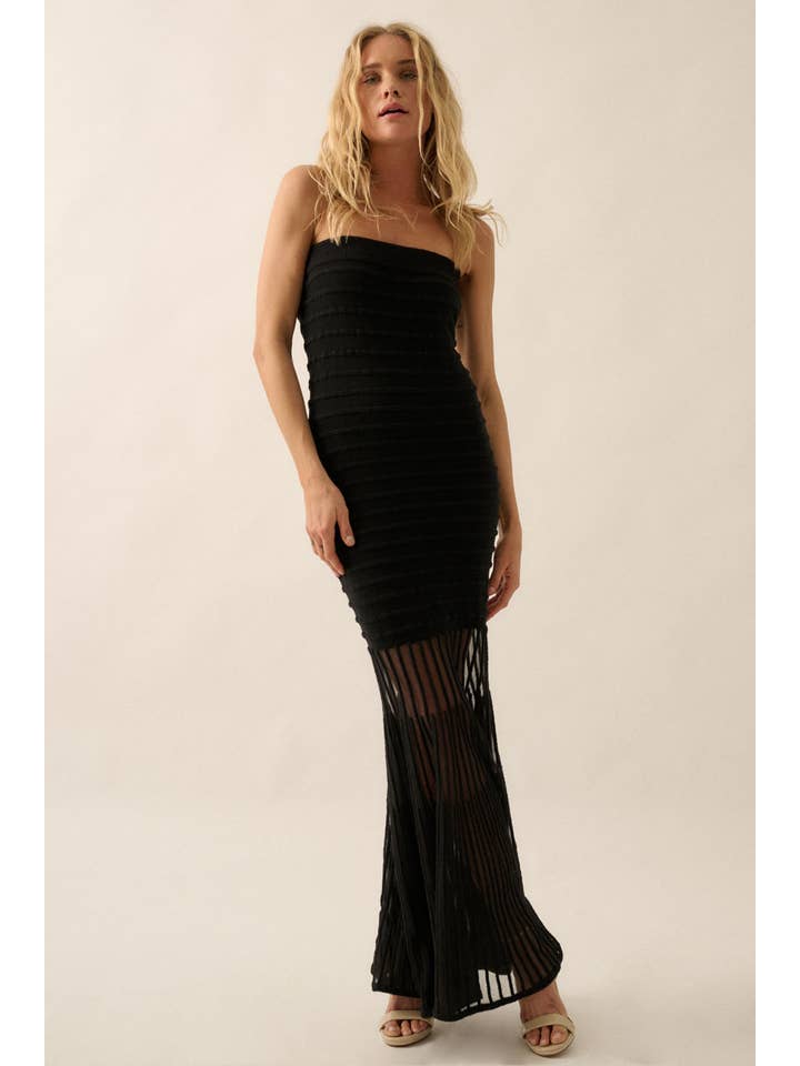 Promesa USA - Wholesale Dress - Women's - Sheer Stripe Strapless Drop-Waist Maxi Dress