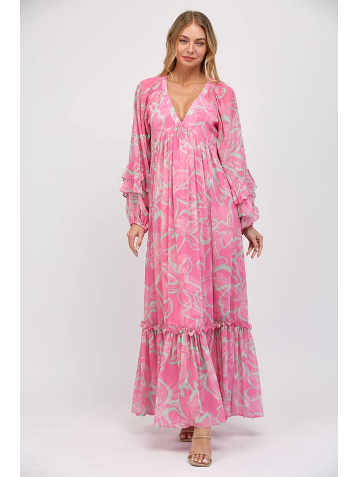 PINK MULTI DEEP V-NECK WITH RUFFLED LONG SLEEVE MAXI DRESS FD31036 for wholesale on Faire