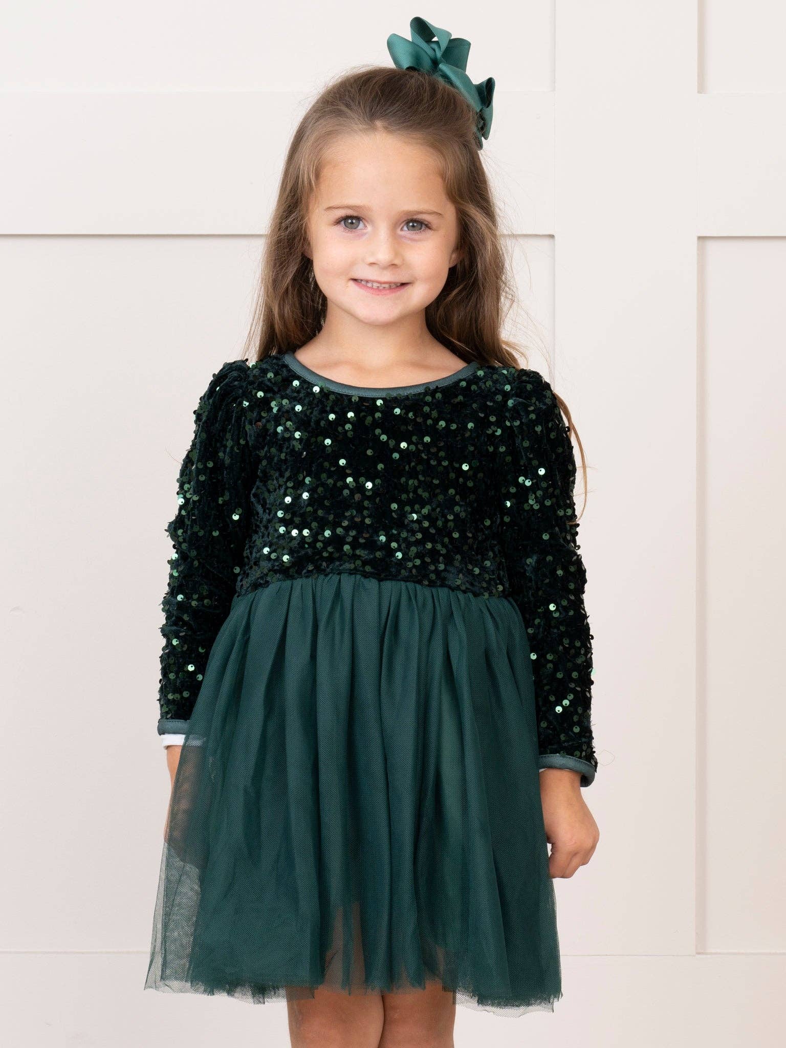Marie Nicole Clothing - Wholesale Dress - Kids - Emerald Sparkle Party Long Sleeve Tulle Dress5