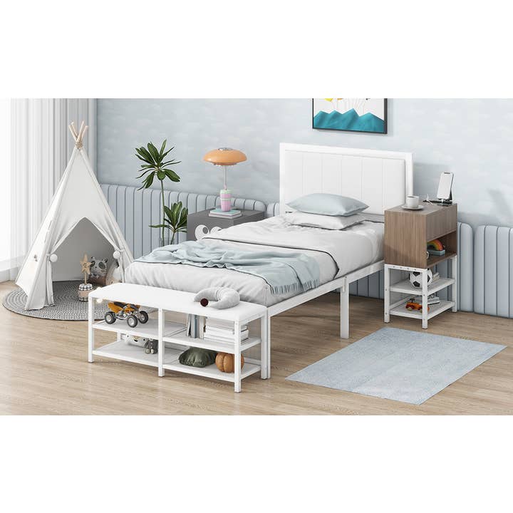White Twin Metal Platform Bed with Storage Shelves & Cabinet for wholesale on Faire10