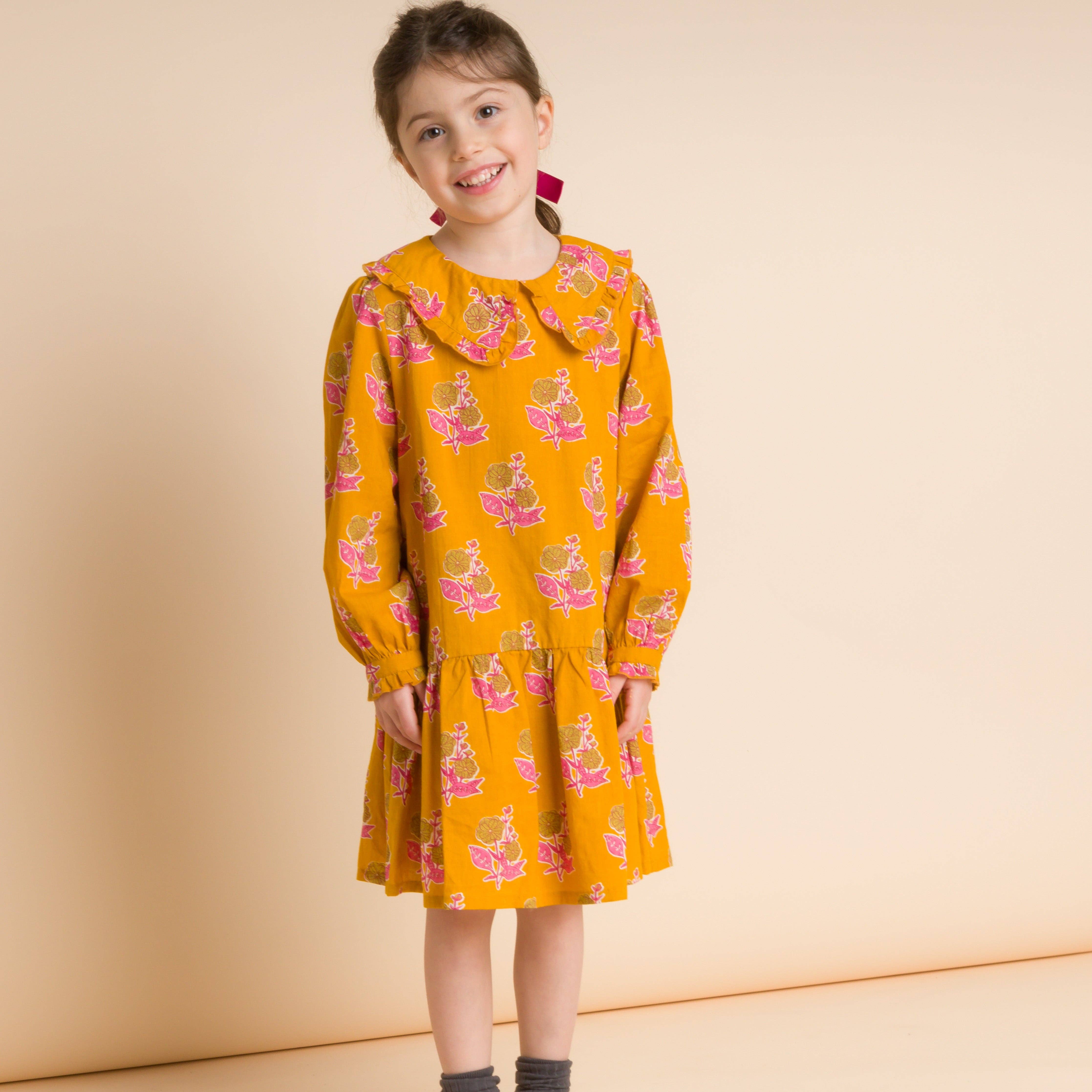 Beet World - Wholesale Dress - Kids - Wide Collar Dress | Mustard Floral1