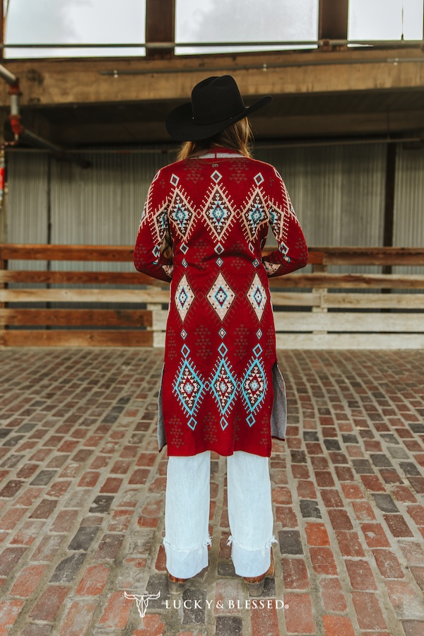 LUCKY & BLESSED – wholesale Kofta - Dam – Vinröd Aztec Långärmad Stickad Kofta1