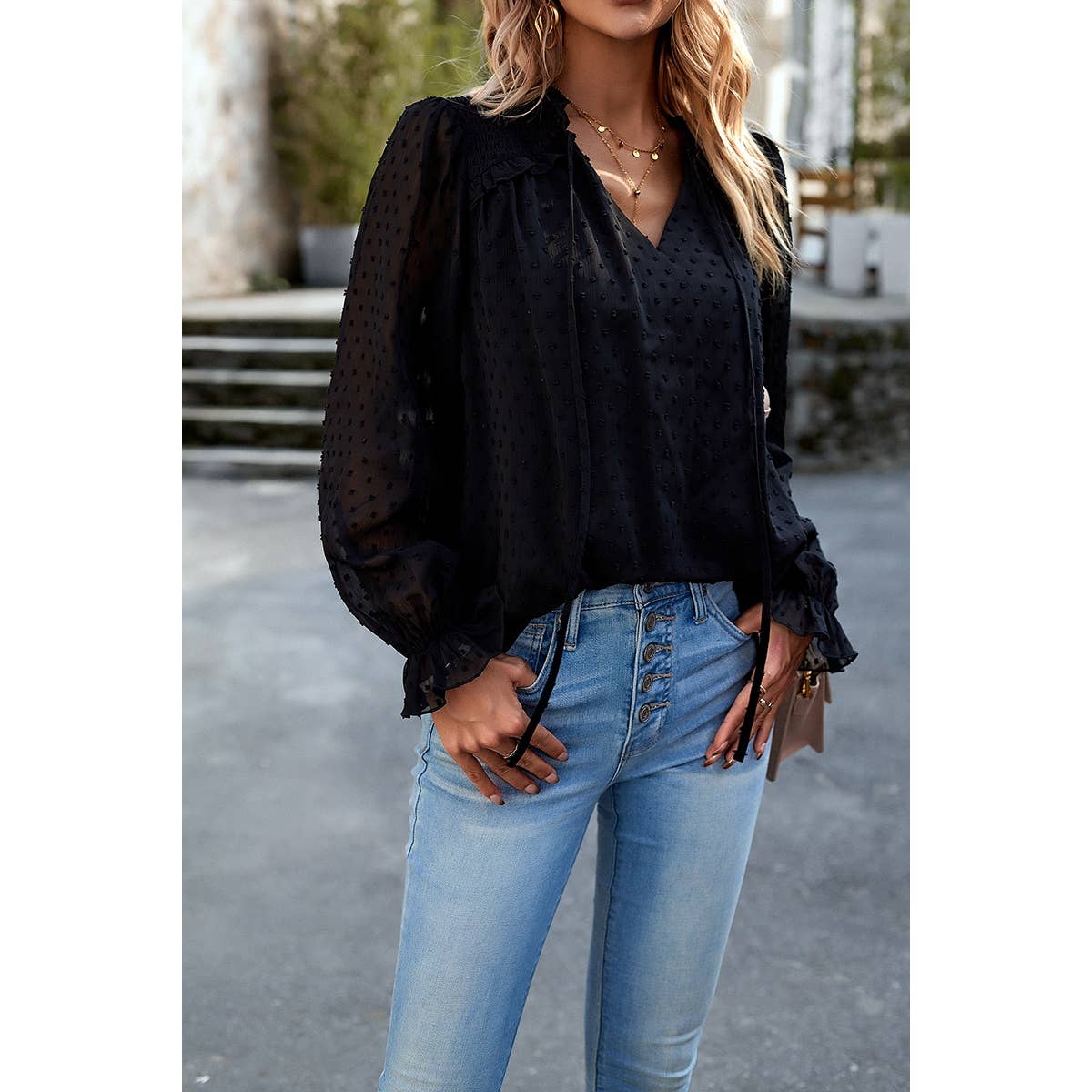 Elings - Wholesale Blouse - Women's - Swiss Dot Ruched Shoulder Hem Ruffle Blouse12