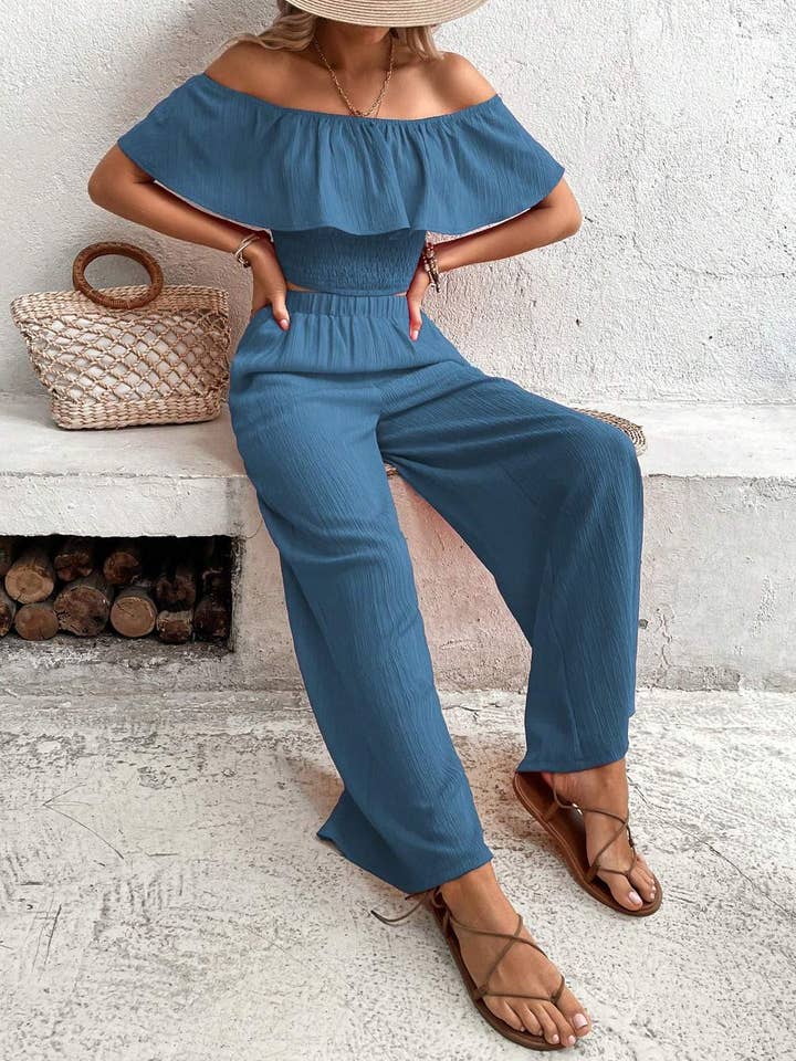 Flarix - Wholesale Top & pants set (NOT Loungewear) – Women's - off shoulder ruffle trim crop top wide leg pants41