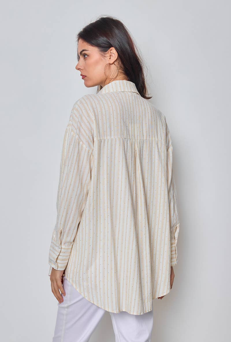 KY CREATION PARIS - Vente Chemise à col boutonné – femme - Chemise à rayures avec strass14