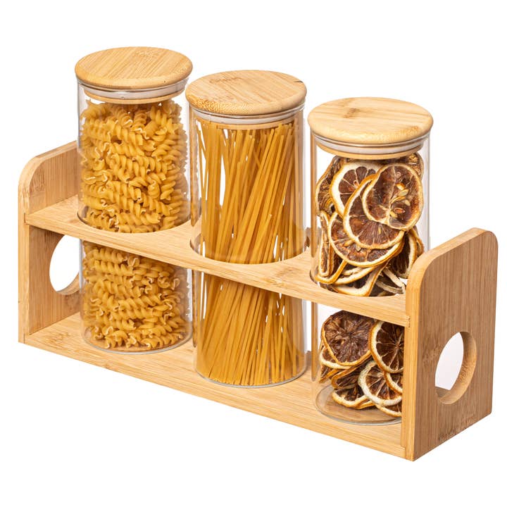 Quickway Imports - Wholesale Kitchen Storage/Organizer - Basicwise 3 Pcs 30oz Glass Jars with Bamboo Shelf8